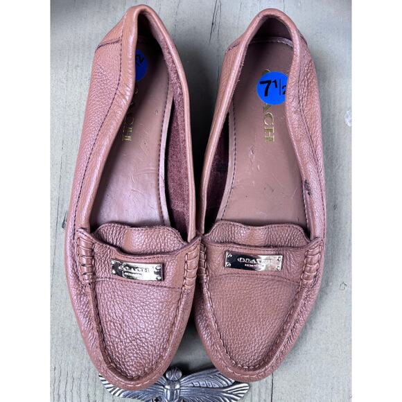 COACH Fredrica Gold Plate Logo Brown Leather Driving Loafers Mocs Shoes 7.5 - Picture 1 of 8